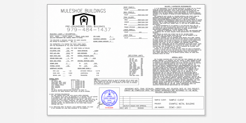 Privacy-protected example of stamped metal building engineering drawings prepared during Project Development.
