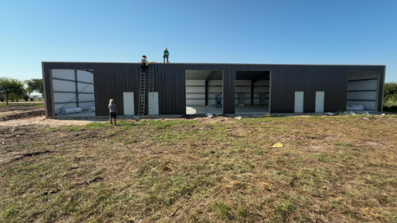 flex space building under construction in Bryan Texas with multiple open bays and steel framing
